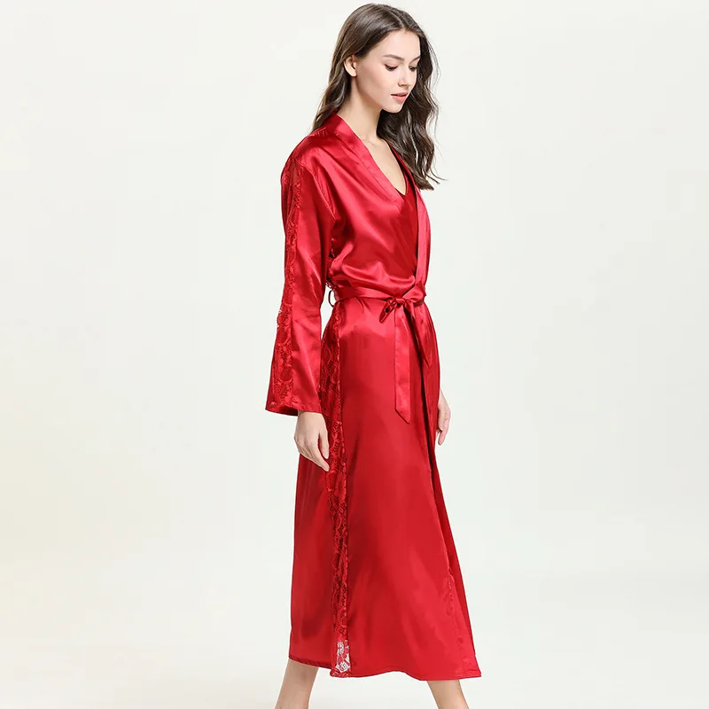 Solid Color Nightgown Long Sleeve Cardigan Lace up Sleepwear Imitation Silk Pajamas Thin Simple Bathrobe Women's Home Clothing