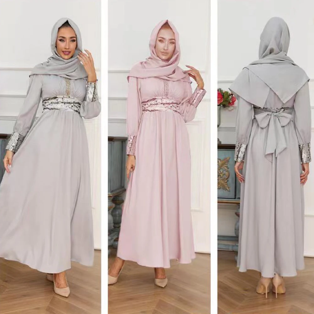 New Middle East Arab Muslim Hijab Dress Long Sleeve Robe Pour Femme Musulmane Fashion Abayas for Women Vestido with Belt