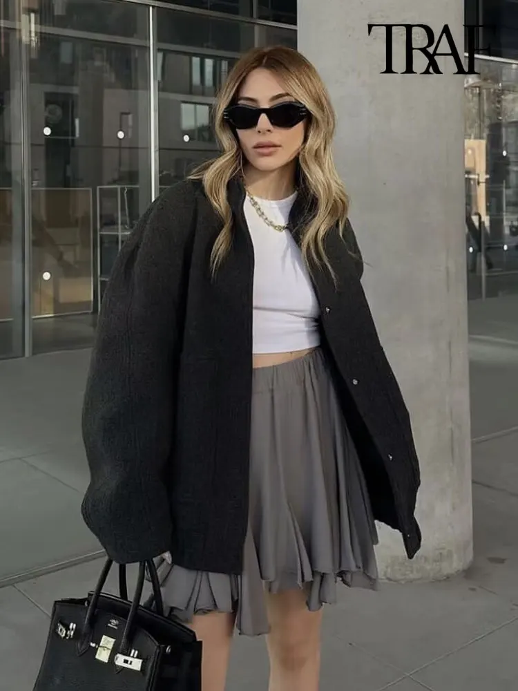 TRAF Women Fashion With Pockets Oversized Bomber Jacket Coat Vintage Long Sleeve Snap Button Female Outerwear Chic Tops 2