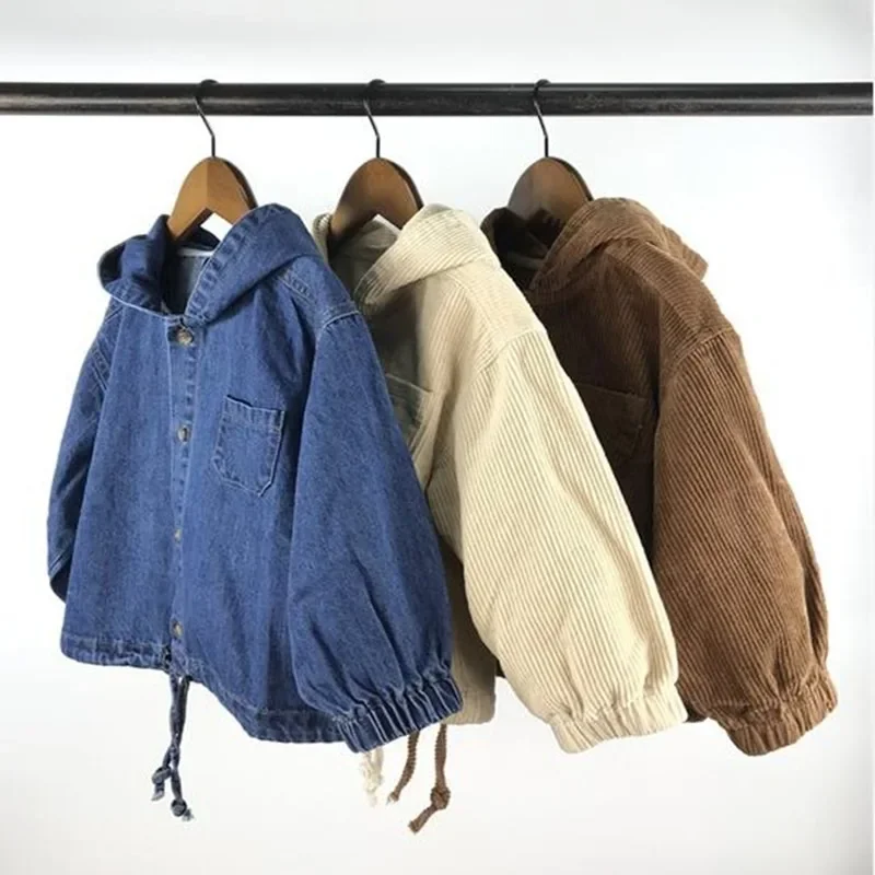 Korean Style Autumn Kids Cardigan Coat Solid Denim Hoodie Baby Boys Girls Corduroy Loose Casual Coat Children Clothing