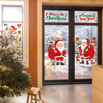 6pcs Christmas Decorative Glass Window Stickers Santa Claus Snowman Elk Scene Layout Electrostatic Wall Sticker Xmas Ornaments