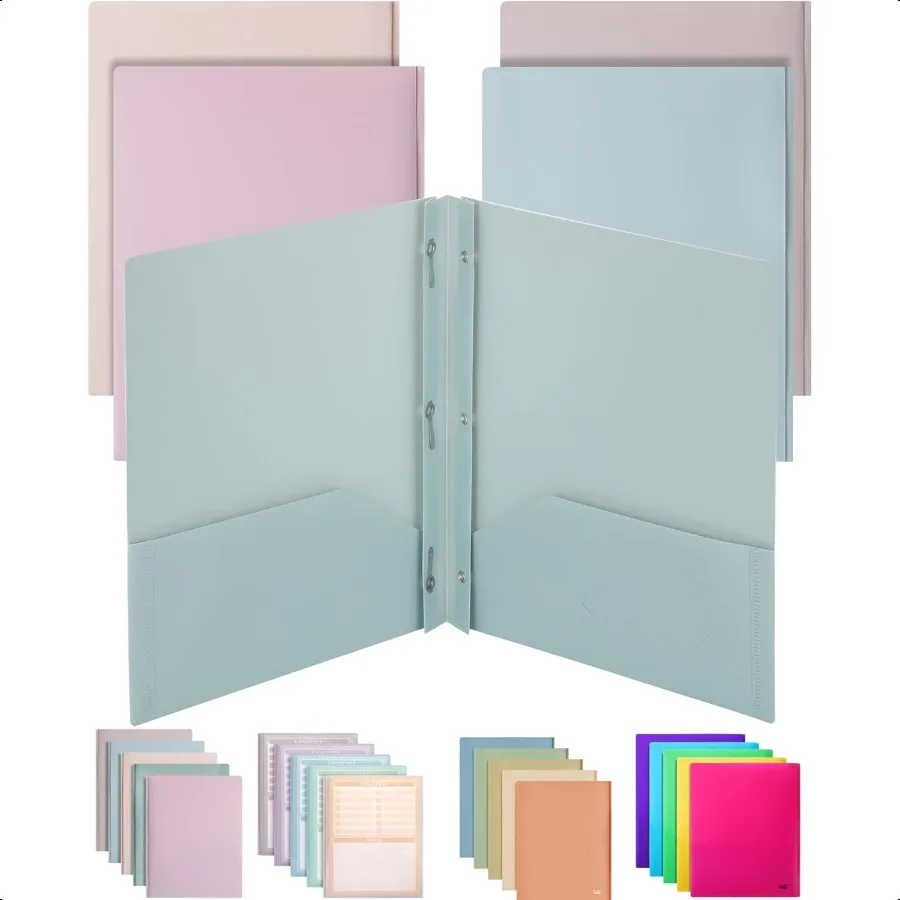 Muted Pastel Plastic Folders with Pockets and Prongs