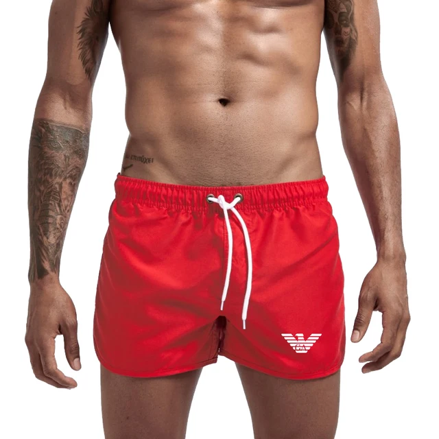 Summer Men's Beach Shorts New Simple Printed Fitness Sports Casual Elastic Waist Drawstring Male Surfing Board Short Pants S-3XL Red
