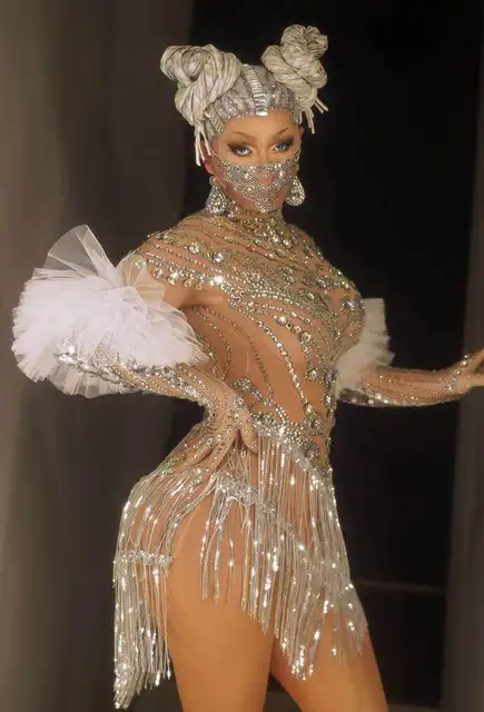 Sparkly Rhinestone Sequin Short Sleeve Dress Bar Women Singer Costume Celebrate Outfit Nightclub Evening Dance Stage Wear 2