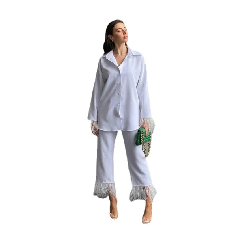 Popular Spring and Summer New Niche Design Long Sleeve Feather Shirt Fashion Casual Cropped Pants SuitWlj