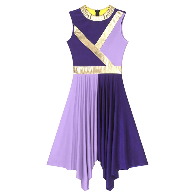 thumbnail image 2 of Iiniim Kids Girls Sleeveless Asymmetrical Praise Dance Overlay Color Block Lyrical Tunic Dress Size 6 16 Lavender 14 2 of 11