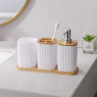 Bathroom Set Soap Dispenser Toothbrush Cup and Bamboo Tray Set Countertop Toiletries Storage Set for Farmhouse Bathroom Decor 6