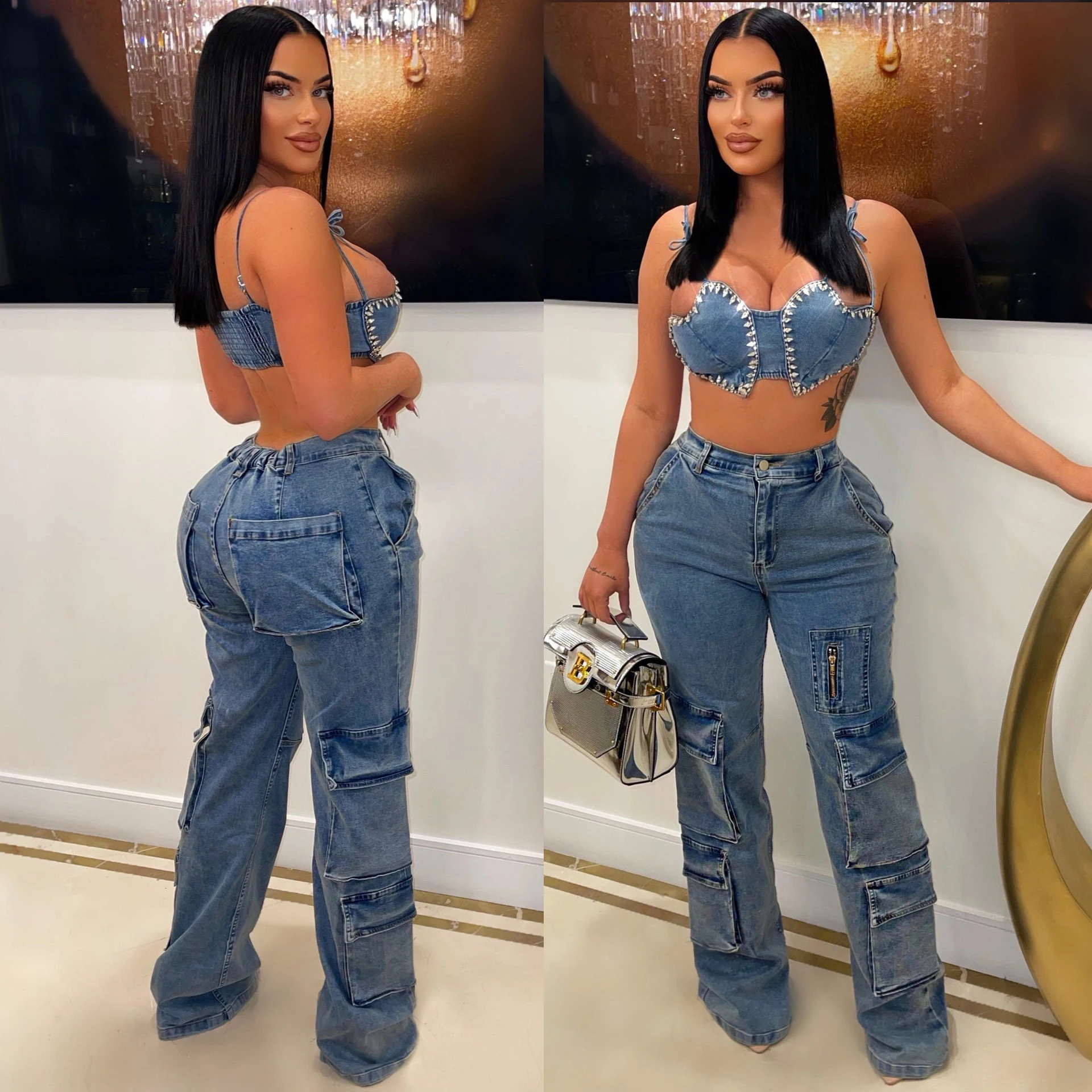 

Bikini Top and Cargo Pocket Pant Denim Two Piece Set Women Outfit 2023 Summer Y2K Streetwear Tracksuit Ladies Sexy Club Outfits