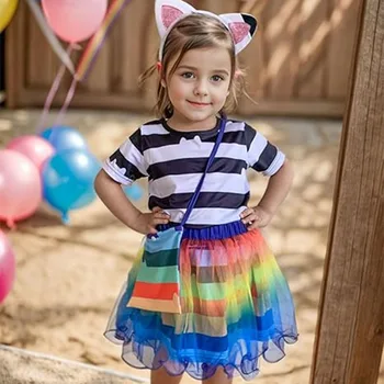 Children's Clothing Girls' Gabby Doll House Black White Stripe T-shirt Rainbow Skirt Set Gabby Cats Birthday Party Clothing Set 2