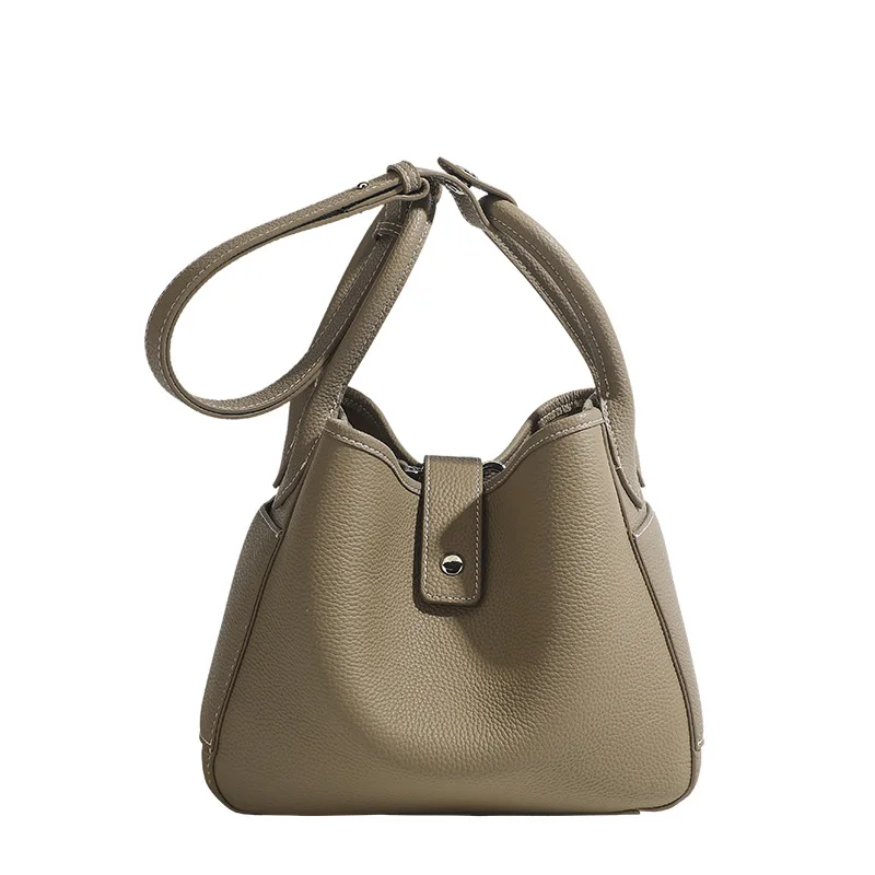 Real Leather Female Purse Individual Style Niche Design Basket Shaped Pure Hue Soft Leather Bucket Carryall