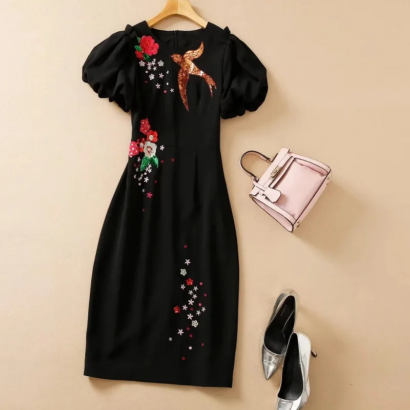 

Sequined Embroidery Dress 2022 Summer Party Events Women Red Flower Birds Patterns Short Sleeve Midi Black Bodycon Dress Ladies