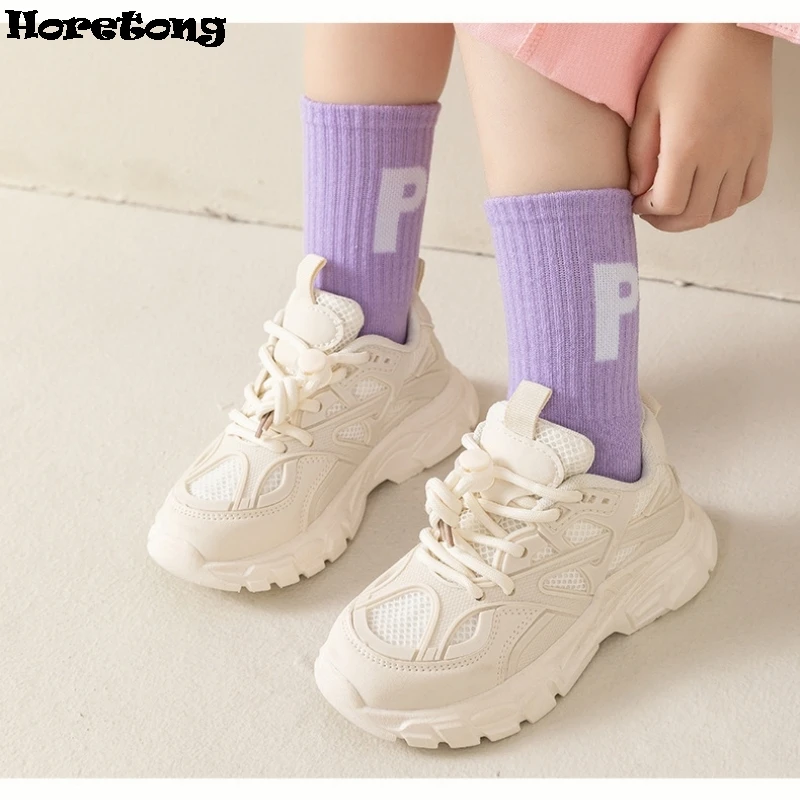 Horetong 5 Pairs/Lot Children's Fashion Letters For Girls Kids Autumn Comfortable Sports Casual School Cotton Middle Tube Socks 3