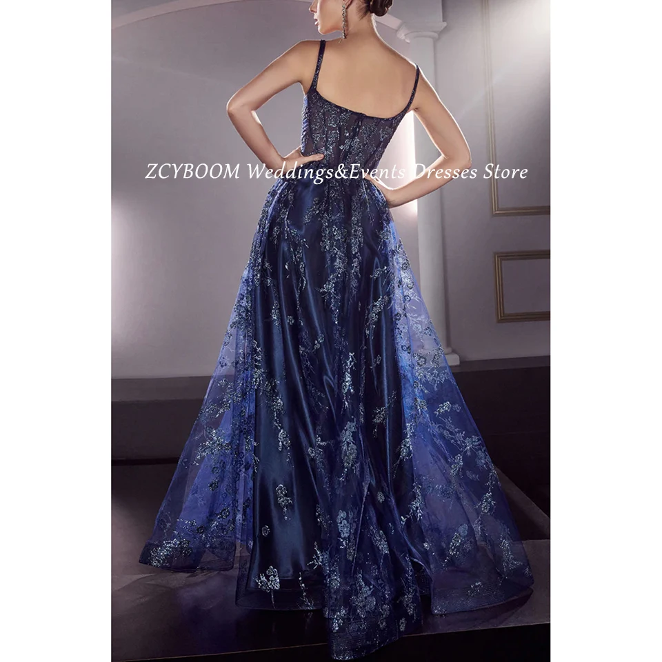 Elegante vestido de noche azul marino con tirantes finos, tul con lentejuelas, Espalda descubierta, línea A, largo hasta el suelo, hecho a medida, fiesta de graduación, 2024