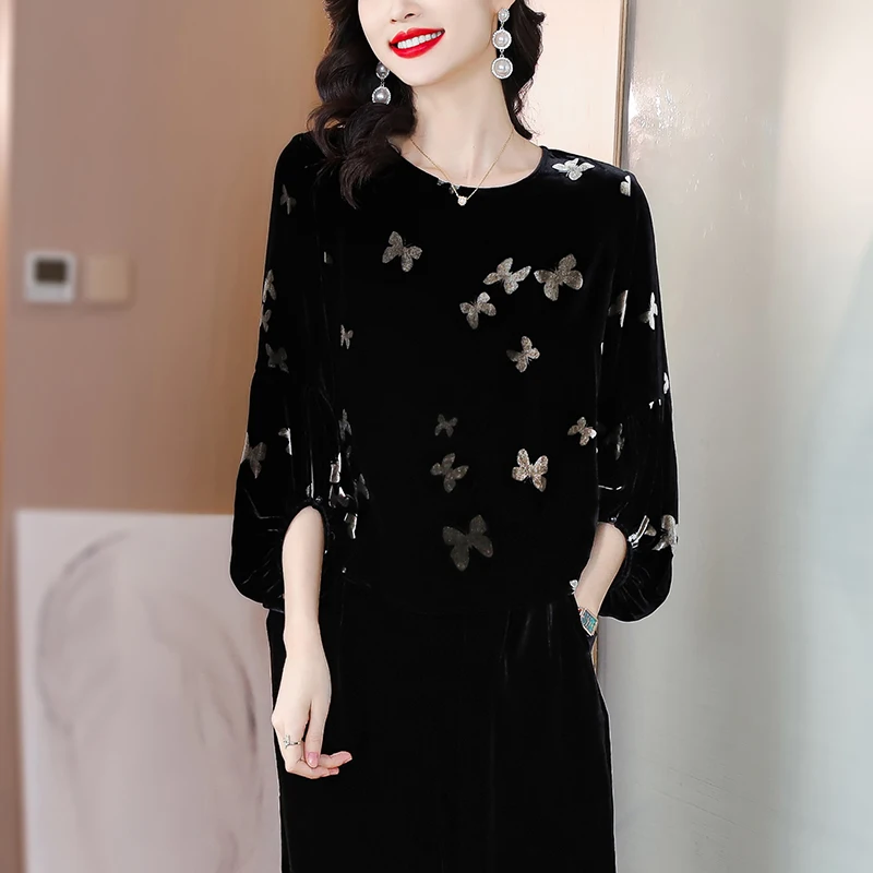 2023 Autumn and Winter New Black Silk Butterfly Print Long