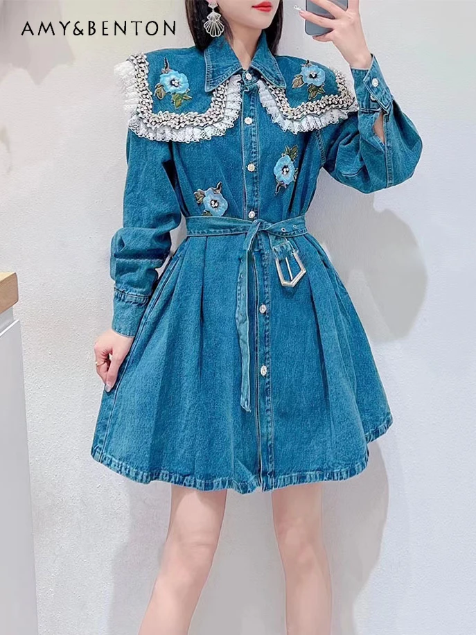 

Chic Denim Dress for Women Early Spring New Korean Style Sweet Embroidery Beading Polo Collar Slim Fit Elegant OL Mini Dresses