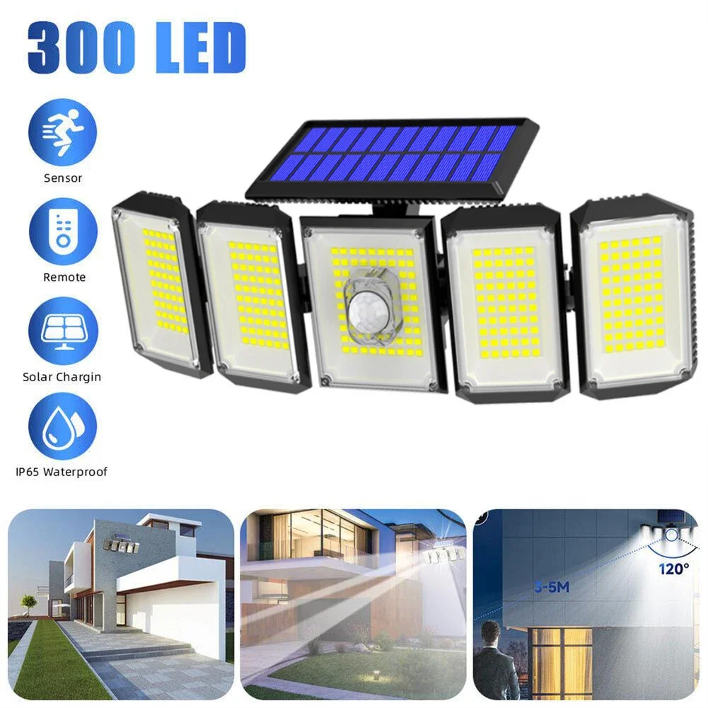 

1pc/2pcs 5 Heads 300 LED Solar Light Outdoor Waterproof Wide-angle Illumination Wall Lamp with Remote Control For Garden Door