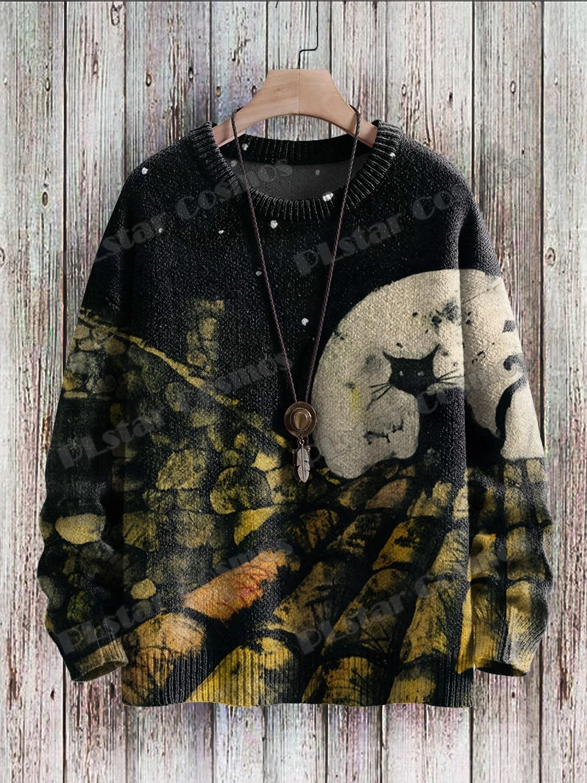 Halloween-Geist mit Katze & Vintage Katzen muster 3d gedruckt Herren gestrickt Pullover Winter Unisex lässig gestrickt Pullover Pullover zzm62 – Detail 9