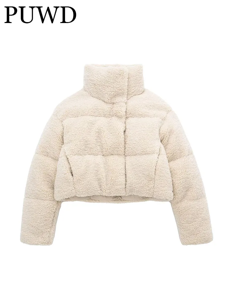 

PUWD Women Fashion White Plush Loose Faux Jacket Coat Vintage Long Sleeve 2022 Fall Winter Female Outerwear Chic Tops