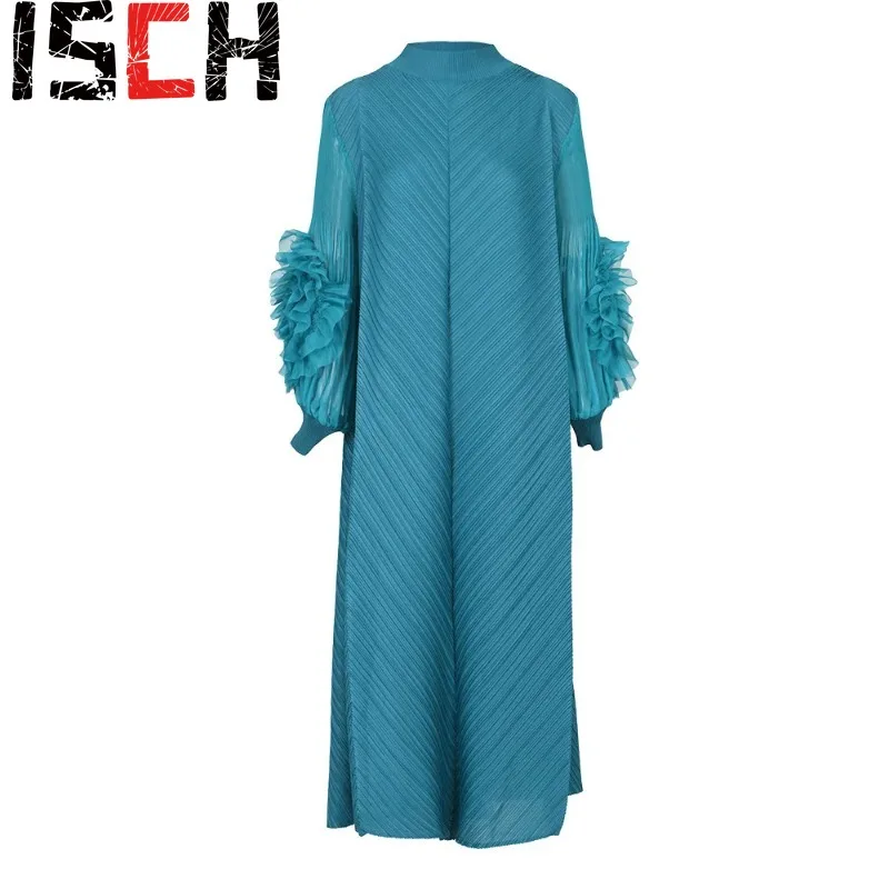 

Miyake Original Maxi Pleated Dress Round Neck Spliced Fungus Full Sleeve Dresses for Women 2024 New Autumn Womens Clothing