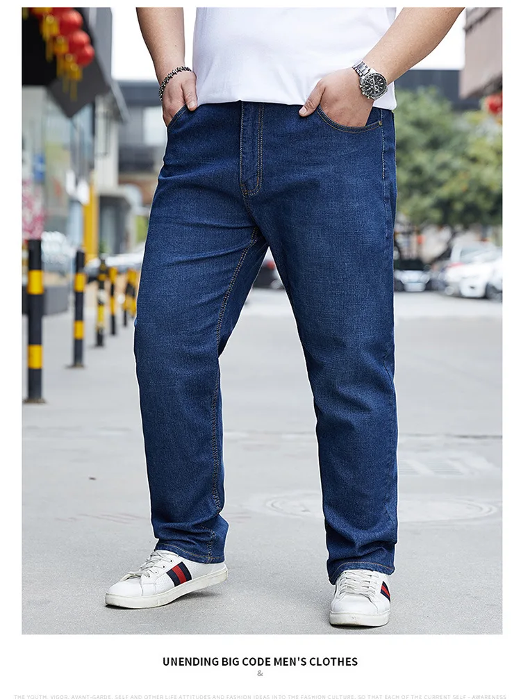 Men's elastic loose wide denim jeans casual straight four seasons long pants big fashion new daily jeans large size mens stretch jeans