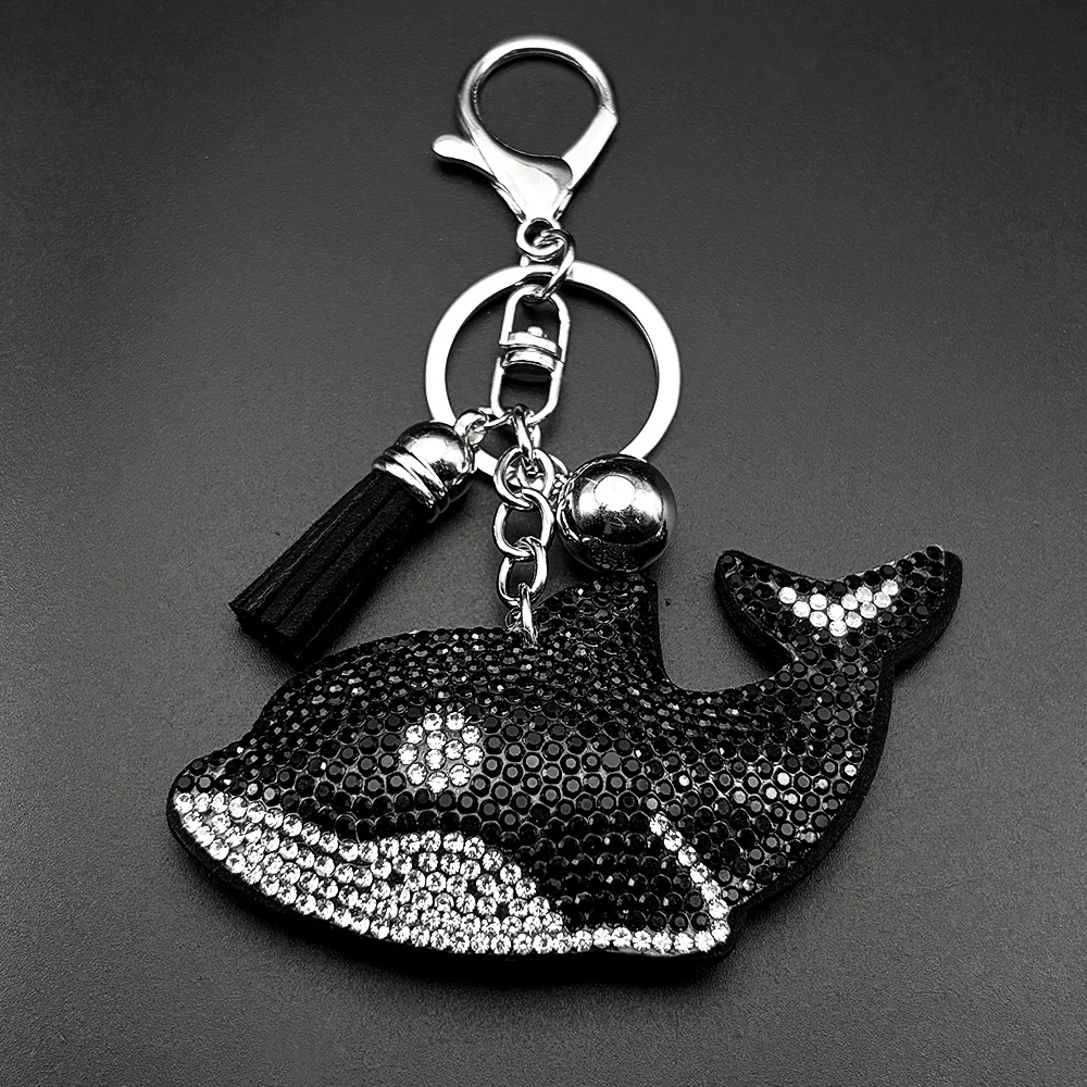 Schwarzer Killerwal-Schlüsselanhänger für Damen und Herren, vollständig mit Strasssteinen besetzt, Kristallquaste, Meerestier, Fisch, Cartoon-Taschenanhänger, Schmuck-Accessoire