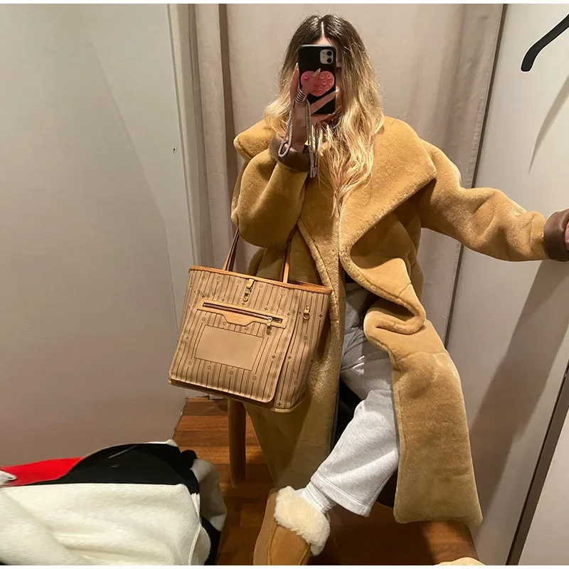 Abrigos largos elegantes de piel sintética con cinturón, solapa grande, manga larga y bolsillo, abrigos de felpa para mujer, ropa de calle de invierno 2025