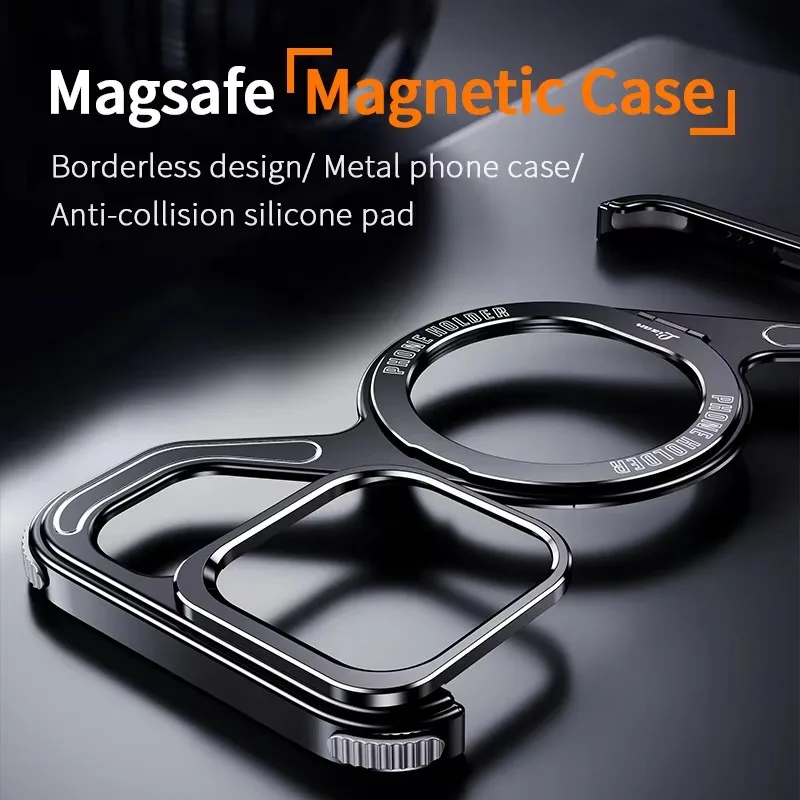Z Shape Metal Frame MagSafe Phone Case For iPhone 16 15 14 13 Pro Max 16Plus Aluminum Frameless Magnetic Holder Shockproof Cover — view 4