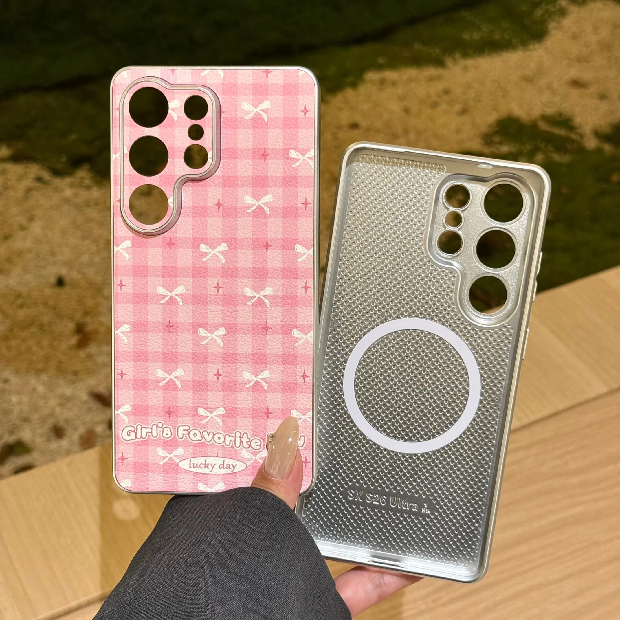 Korean Cute Bow Pink Grid Magnetic Phone Case with Holder Cover