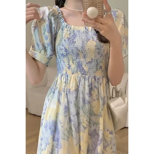 Women Dress Short Sleeve Print Floral Midi Dress A-Line High Waist Summer Dress Holiday Beach Vestidos