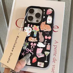 Charming Pink Cat & Strawberry Pattern Phone Case Cover - Galaxy S23+ (Black)