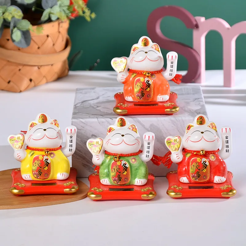 5 Inches Solar Automatic Wave Hand Lucky Cat Ornament Creative Ceramics Cat Eco-friendly Decorations Store Opening Gift Mascot