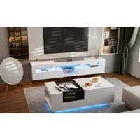 LED Floating TV Stand for 85+ inch TV, White High Glossy Wall Mounted Haning TV Stand with 2 Cabinets, Modern Floating En 1