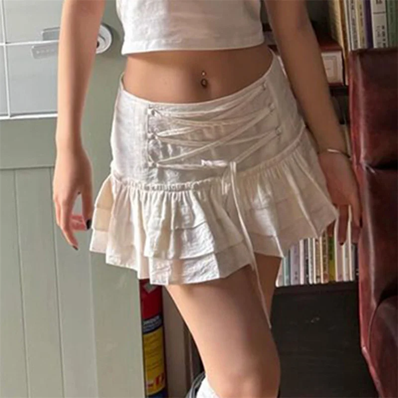 y2k Lolita Skirt 2000s Women Solid Color Cross Tie Up Low Waist A Line Pleated Mini Skirt Fairycore Skirts Streetwear