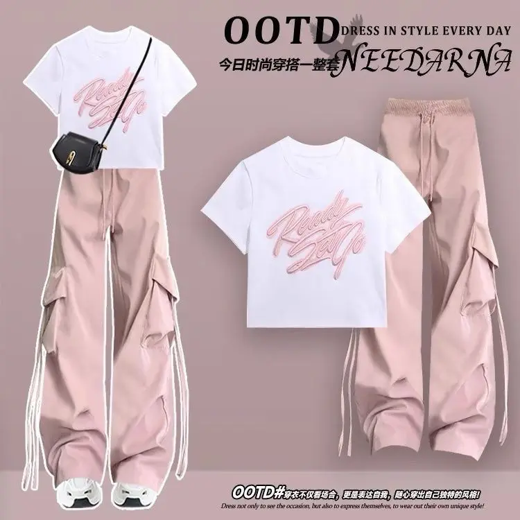 2024 Summer Sweet Cool Set Women's Korean Design Short sleeved T-shirt+High Waist Wide Leg Pants Two Piece Set