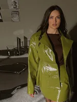 Mode femmes Faux cuir jupes ensemble col rabattu Double boutonnage taille manteau Mini jupe haute rue automne deux pièces ensembles 3