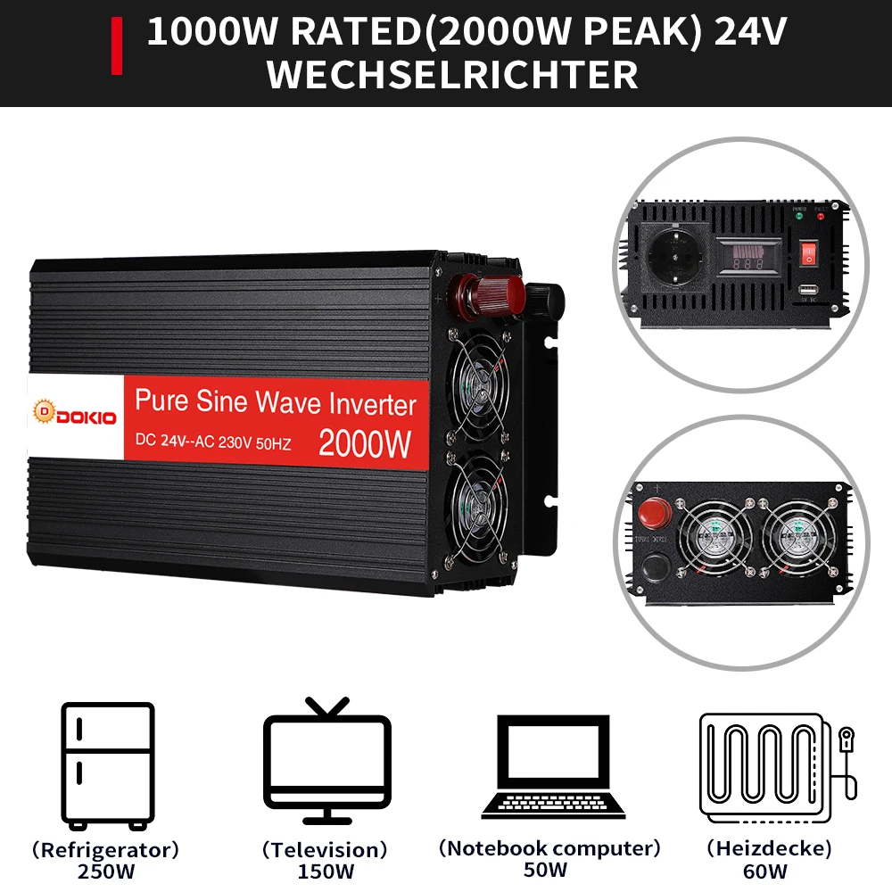 DOKIO 500W rated（1000W peak）12V wechselrichter / 1000W rated （2000W  peak）24V wechselrichter （Does‘t include solar panels）