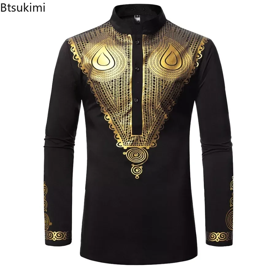 New Men's African Long Sleeve Shirt Metallic Gold Printed Stand Collar Shirt Traditional Ethnic Festival Wedding Dashiki Shirts