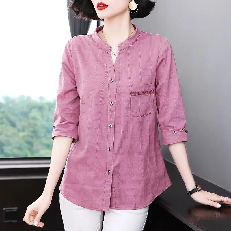 Korean Fashion Elegant Cotton Button Up Shirt Women Spring Casual Three Quarter Sleeve Pocket Loose Blouse Top Female Blusas 5XL