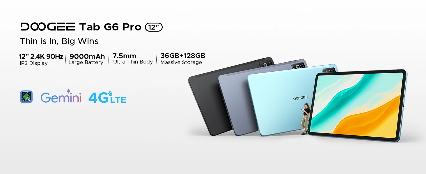 DOOGEE Tab G6 Pro 2 in 1 Tablet PC Android 16 36GB 128GB Gemini AI 12" 2.4K 9000mAh Battery Helio G100 4G LTE Tablet Pad