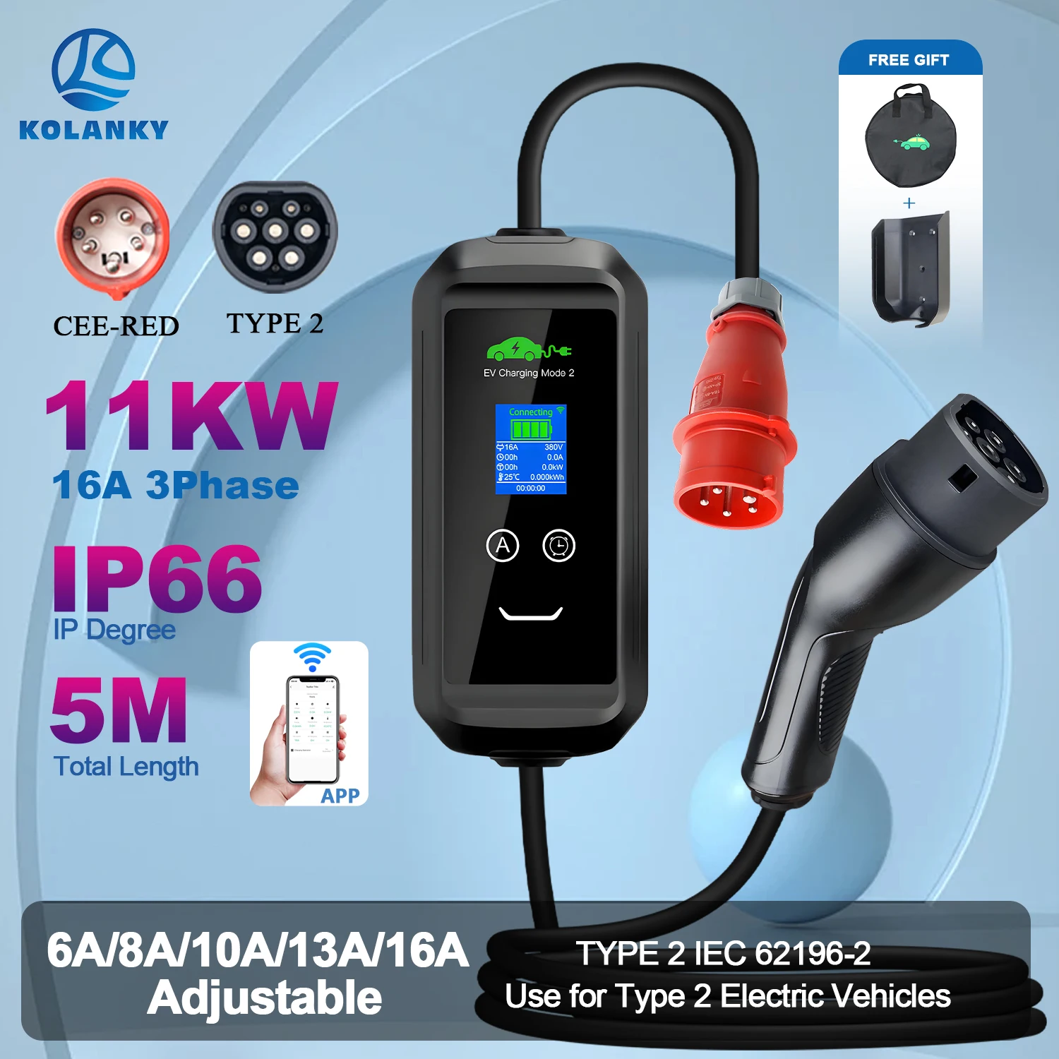 Kolanky 6/8/10/13/16A 11KW 32A 7.2KW Portable Eletric Vehicle Charger Type 2 APP Wifi Control Set Charging Time PHEV Hybrid 5M