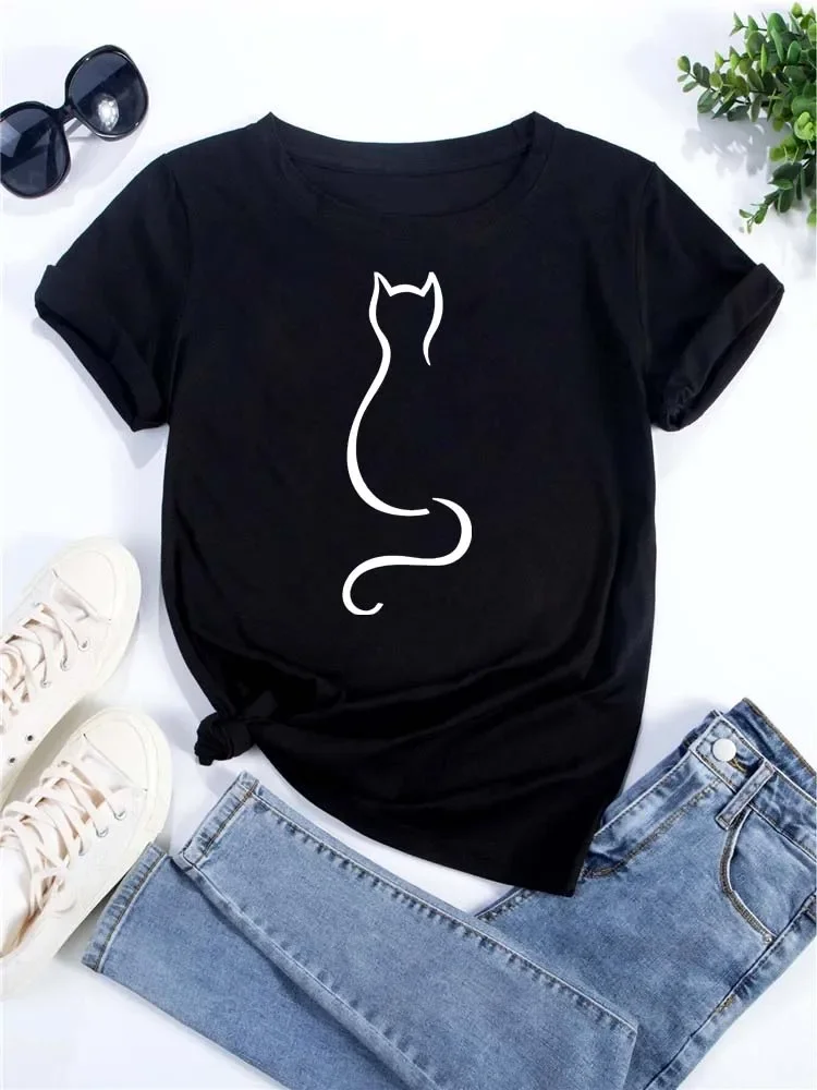 New Cute Love Heart Cat Print Women T-Shirt Casual Short Sleeve Top Summer Women’s Clothing Cartoon Streetwear Y2k Clothes Best Sellers In Women's Clothing