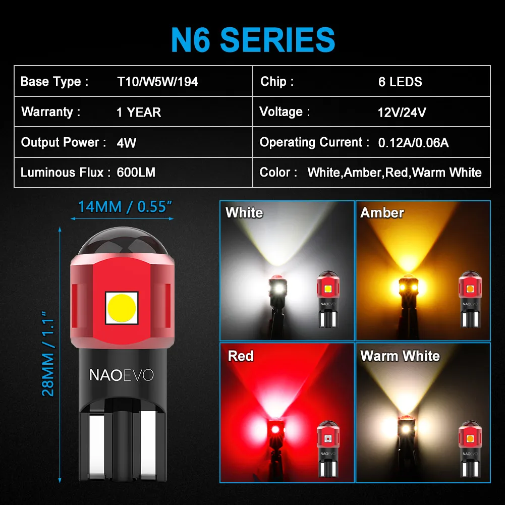 NAO 2x W5W T10 LED Ultra lumineux 5W5 12V 24V 4W 600Lm lumière