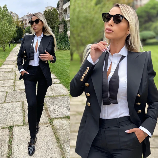 Women's Suit 2 Piece Black Point Lapel Jacket Party Tuxedo Lady Pant Suit  Blazer Trousers Female Outfit 정장세트여성 - Pant Suits - AliExpress