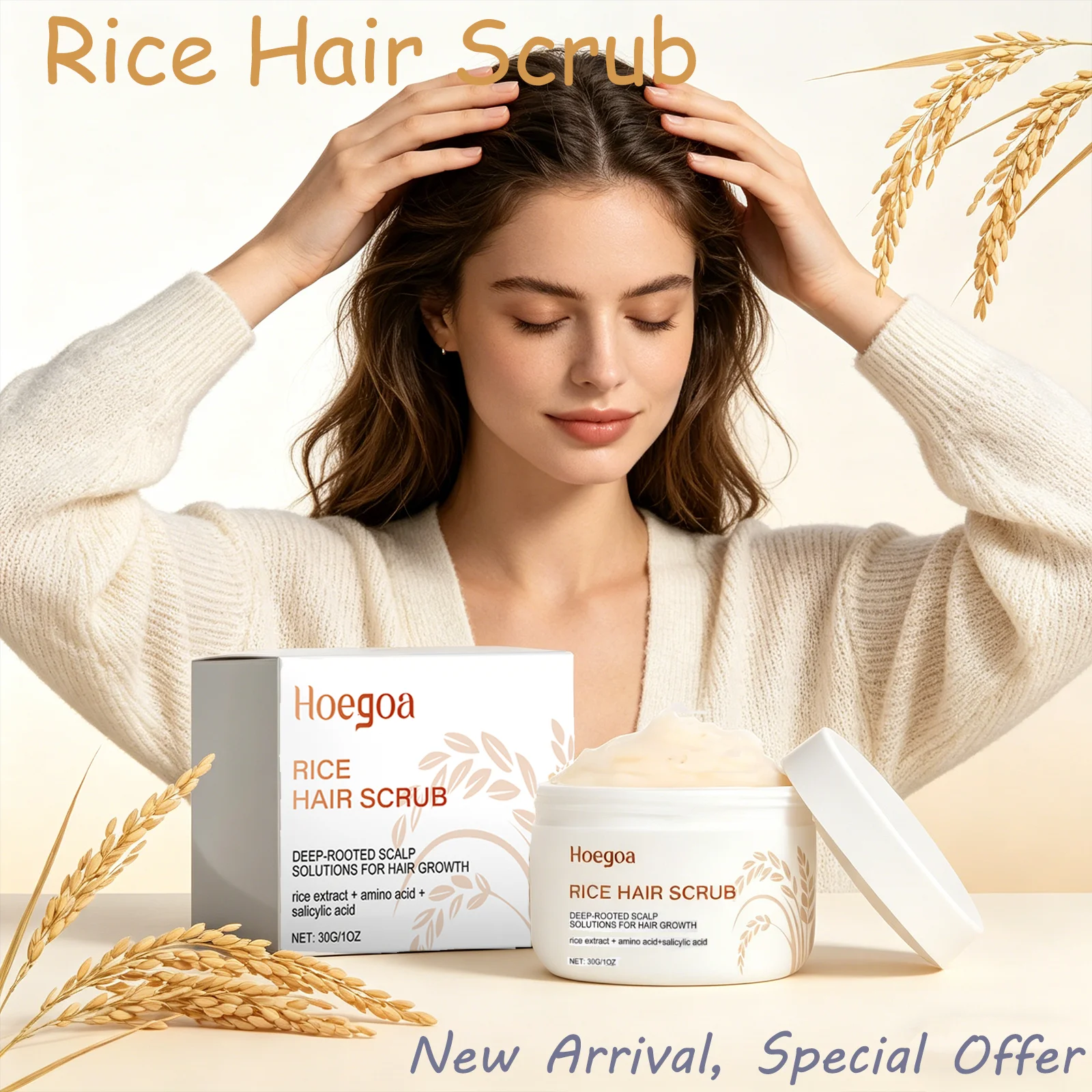 HOEGOA 30G Rice Hair Scrub Gentle Purification Nutritional Supplement Strengthens Hair Roots Silky Touch Hair Care Cream