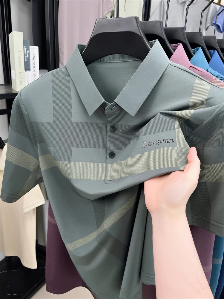 Summer High-end Luxury Men's Polo Shirt Lapel Stripe Print Short-sleeve Seamless T-shirt British Business Fashion Top Men's Wear 22 Sf3d2eda6662f4eb0adbe9f5f6b8c2705A