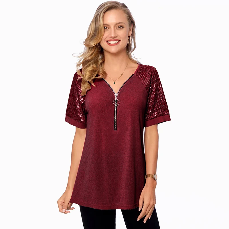 

Ladies T-Shirt Woman 2023 Fashion New Sequined Short Sleeve Zipper V Neck Casual Temperament Elegant Office Women Clothing