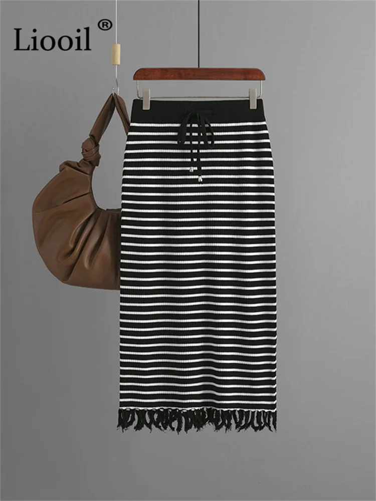 

Liooil Women Stripe Tassel Knit Pencil Skirts High Waist Office Lady 2023 Autumn Winter Drawstring Sexy Knitted Bodycon Skirts