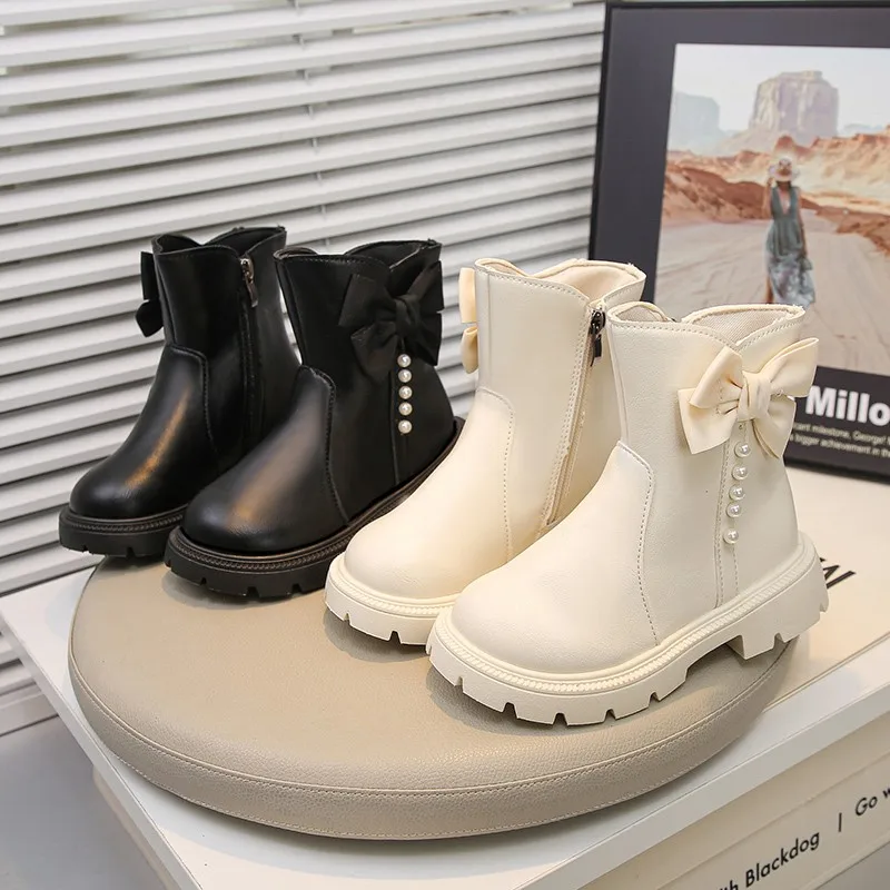 Spring Autumn Children Princess Leather Boots New Fashion Girl's School Causal Short Boots Zipper Kids Ankle Boot with Bowknot