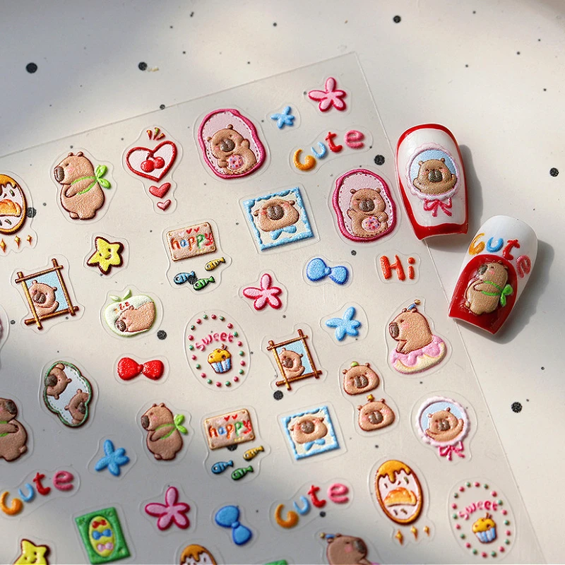 Lovely Capybara Cartoon Doodle 5D Soft Embossed Reliefs Self Adhesive Nail Art Sticker Cute Hamster 3D Manicure Decals nail stickers decorative stickers nail art decoration nail decals