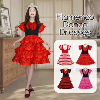 Kids Spanish Flamenco Dance Dresses Carnival Stage Performance Costume Girls Tassel Ruffled Sleeve Ruffles Dance Tutu Dress